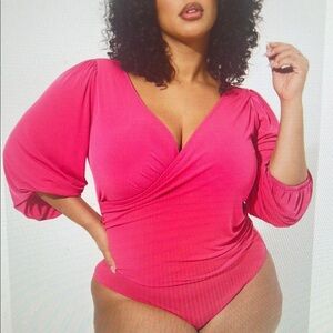 Torrid 2 Studio Knit Surplice Long Sleeve Bodysuit Hot Pink NWT 2x